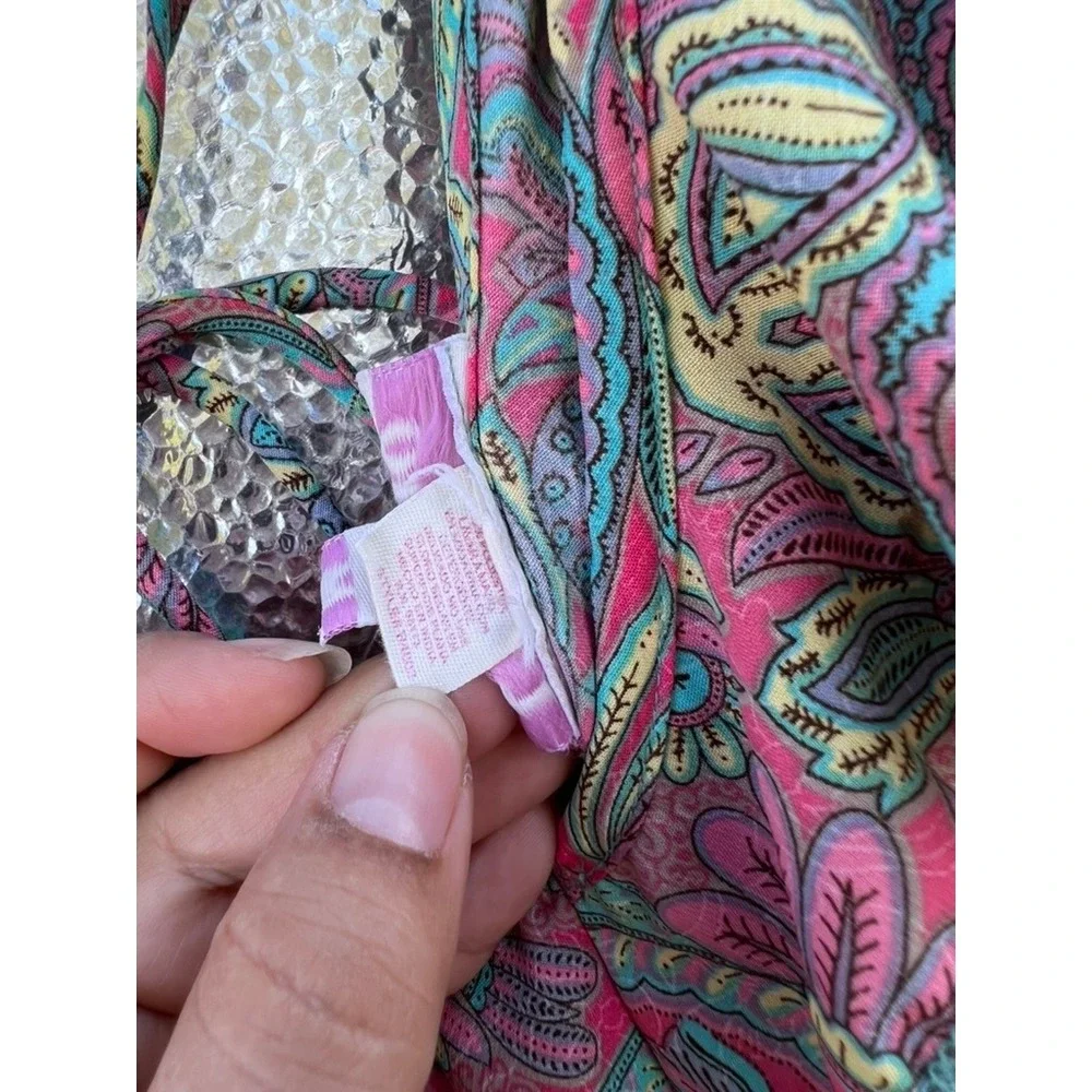 Boemo Pink Teal Paisley Ruffle Tiered Maxi Dress Boho Tassel Back Womens Medium‎